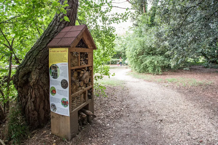 Ein hölzernes Insektenhotel mit illustrierter Tafel neben dem baumbestandenen Gartenweg der Casa delle Farfalle