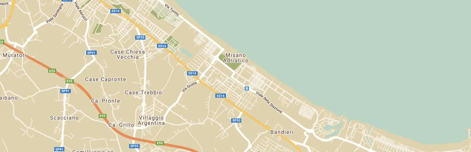 Karte von Misano Adriatico zwischen Riccione und Cattolica mit Strandpromenade und Zufahrtsstraßen