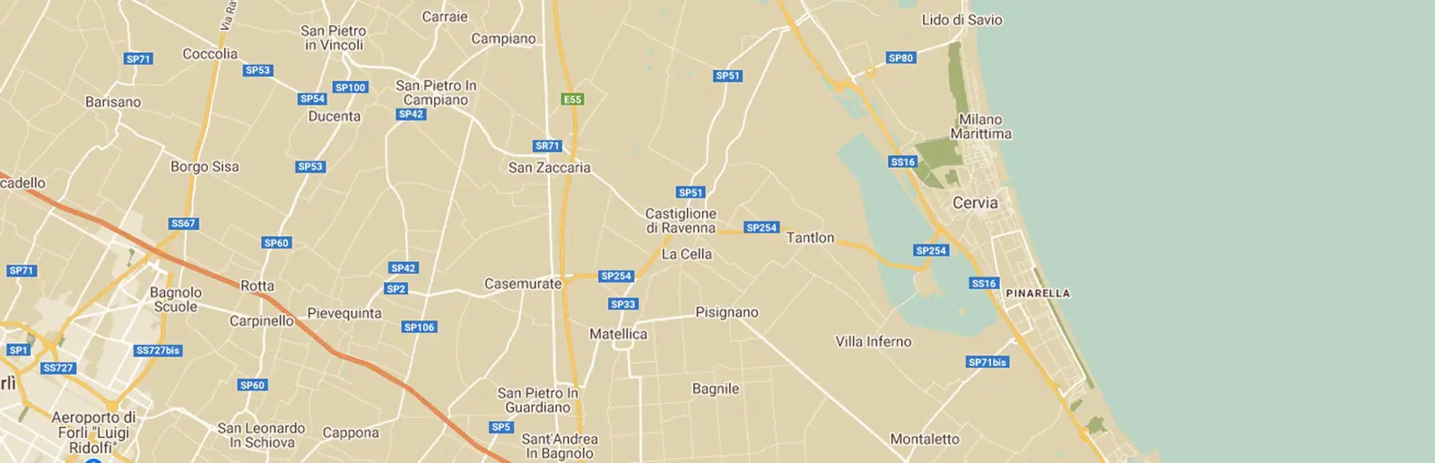 Mappa dell'accesso a Milano Marittima dall'entroterra: la superstrada, l'uscita di Casemurate e la statale 254 verso Cervia