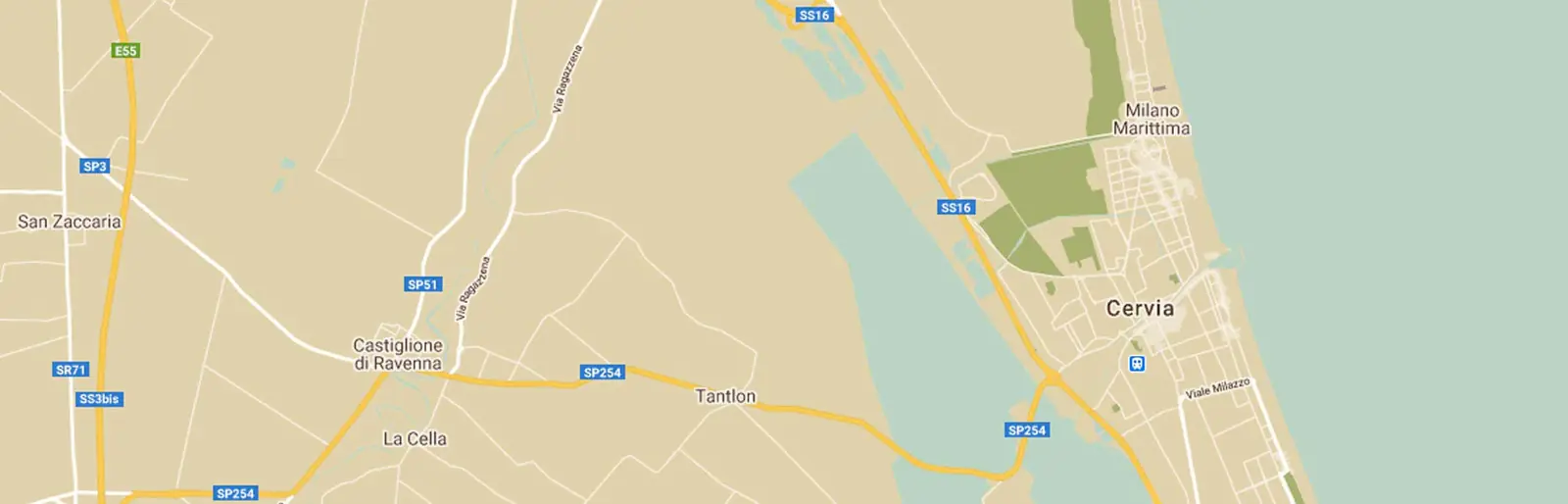 Map of Cervia and Milano Marittima, with salt pan basins behind the coast and Statale 16 running alongside them