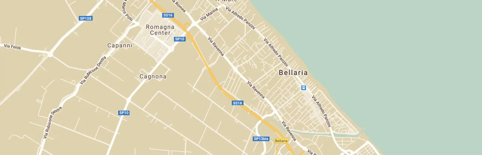 Map of Bellaria Igea Marina, with the Uso separating the two centres and roads leading to the coast