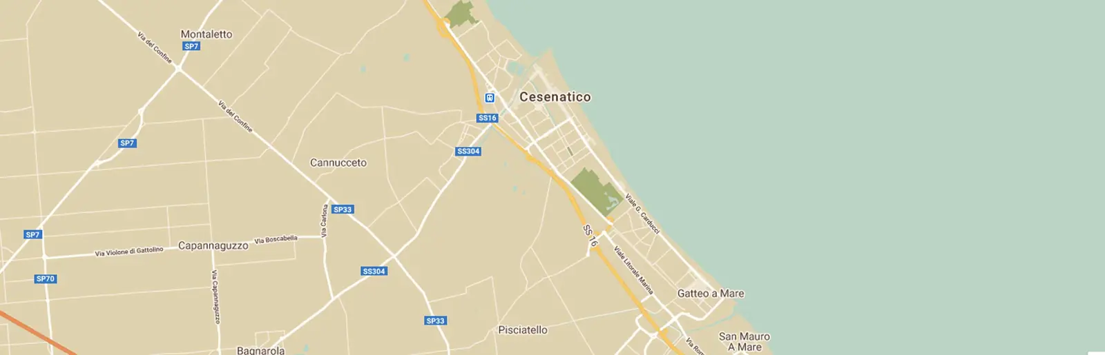 Karte von Cesenatico und der umliegenden Küste mit Kanalhafen und Zufahrtsstraßen