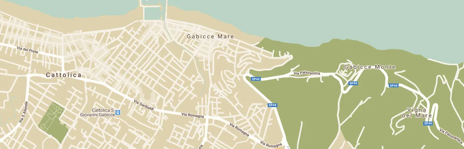 Karte von Gabicce Mare und Gabicce Monte mit der Panoramastraße auf die Landzunge und Cattolica jenseits der Grenze