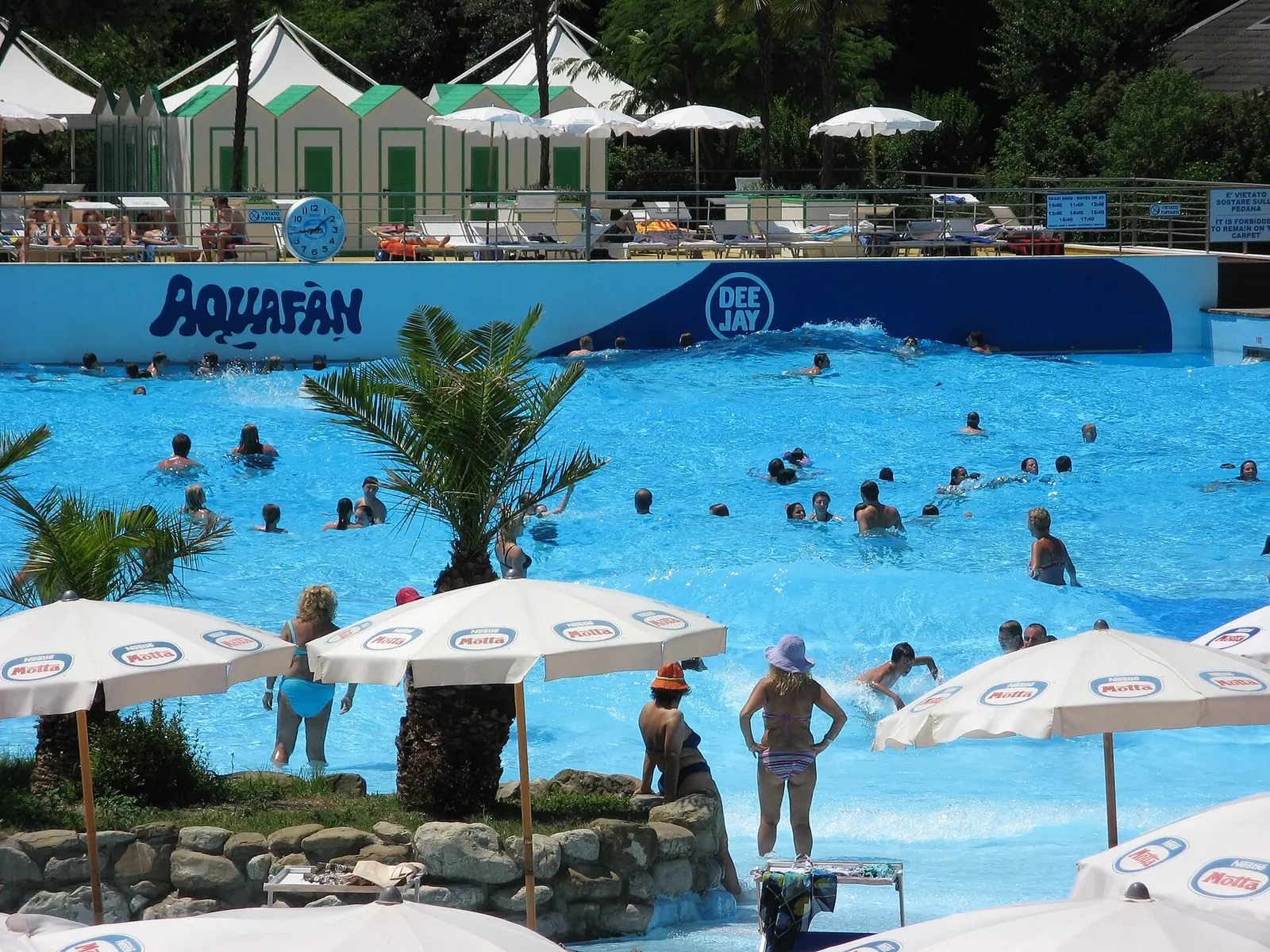 La piscina a onde dell'Aquafan di Riccione con una palma al centro e la parete azzurra con la scritta del parco