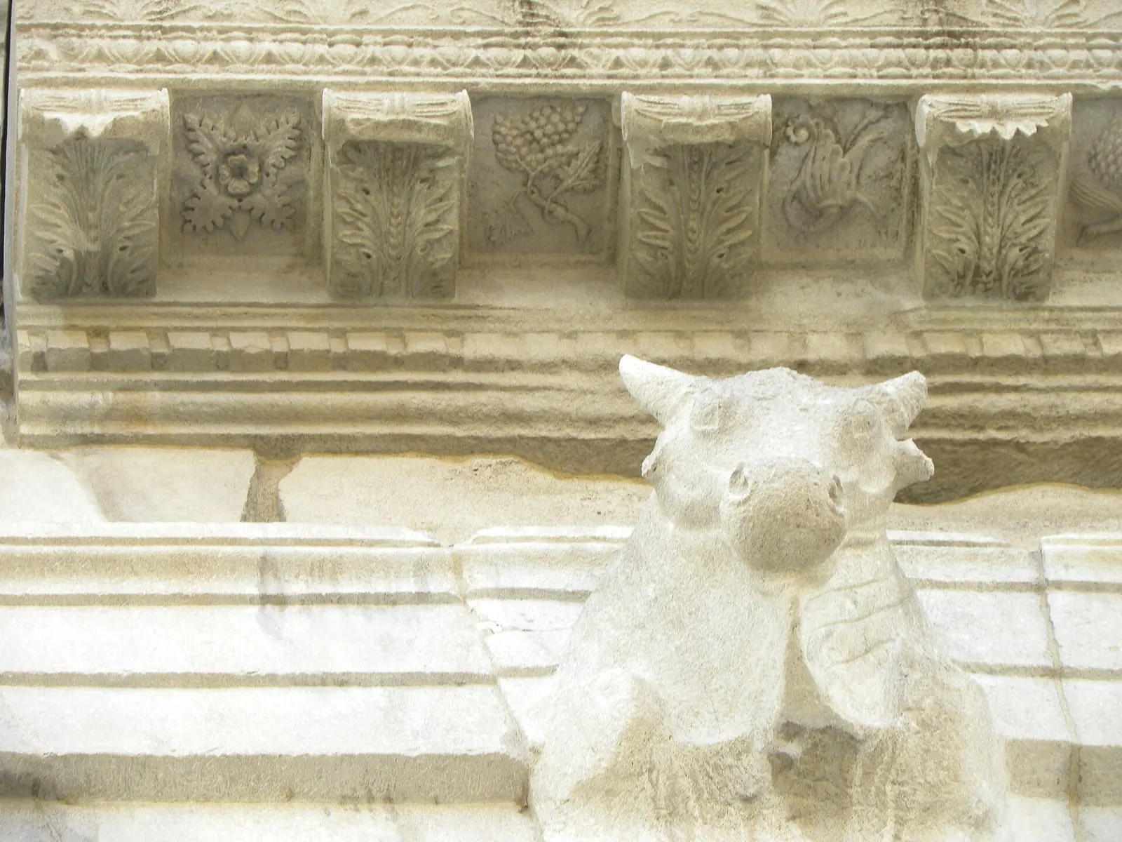 Detail of Arco di Augusto in Rimini: the bull's head beneath the pediment and the frieze with plant motifs