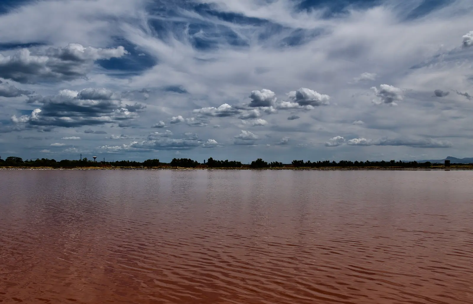The reddish water of a Salina Camillone basin in the Cervia salt pan, the source of thermal spa mother liquor and mud