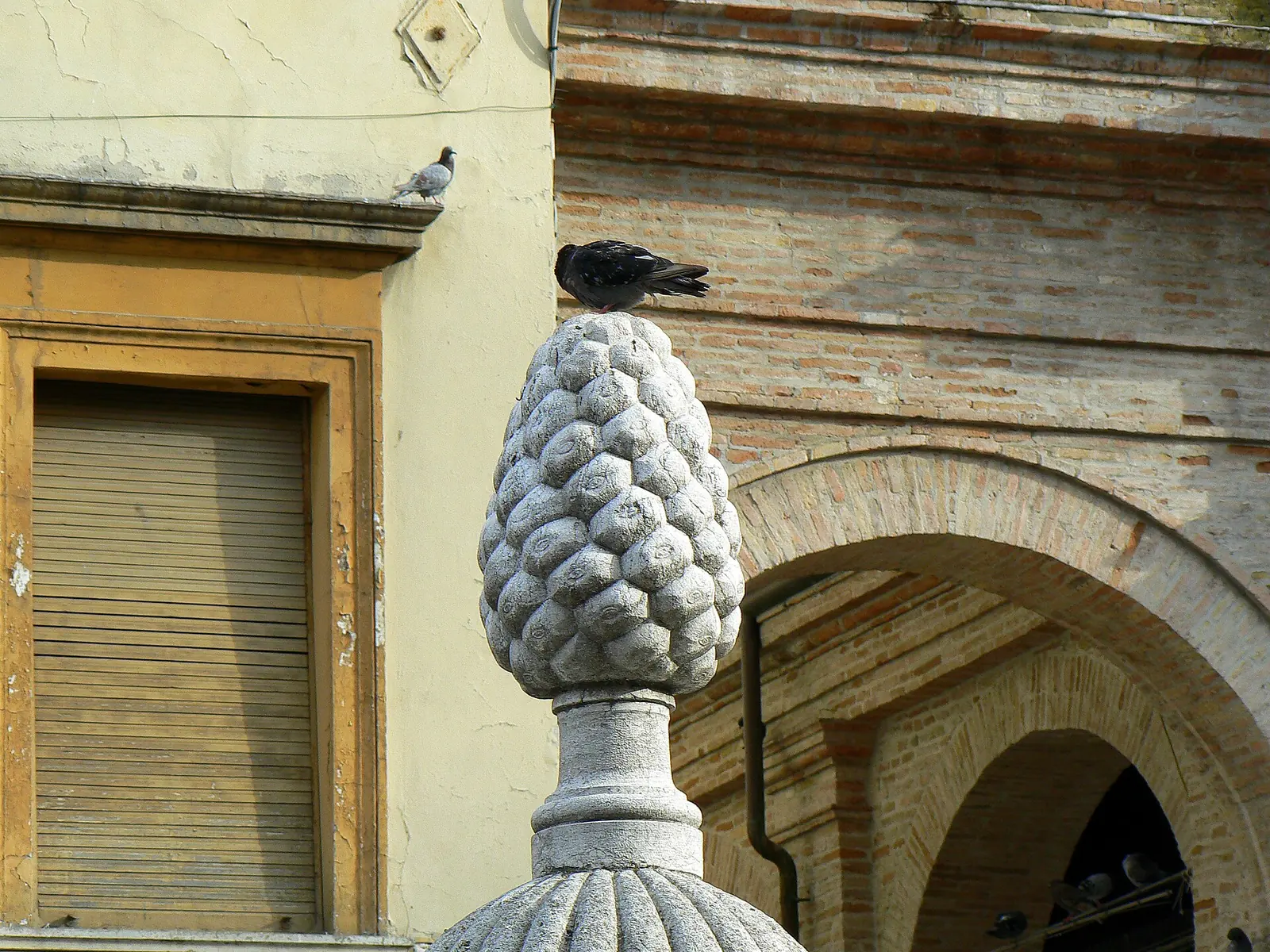The stone pine cone crowning Fontana della Pigna in Rimini, with a pigeon perched on top and a brick arch behind