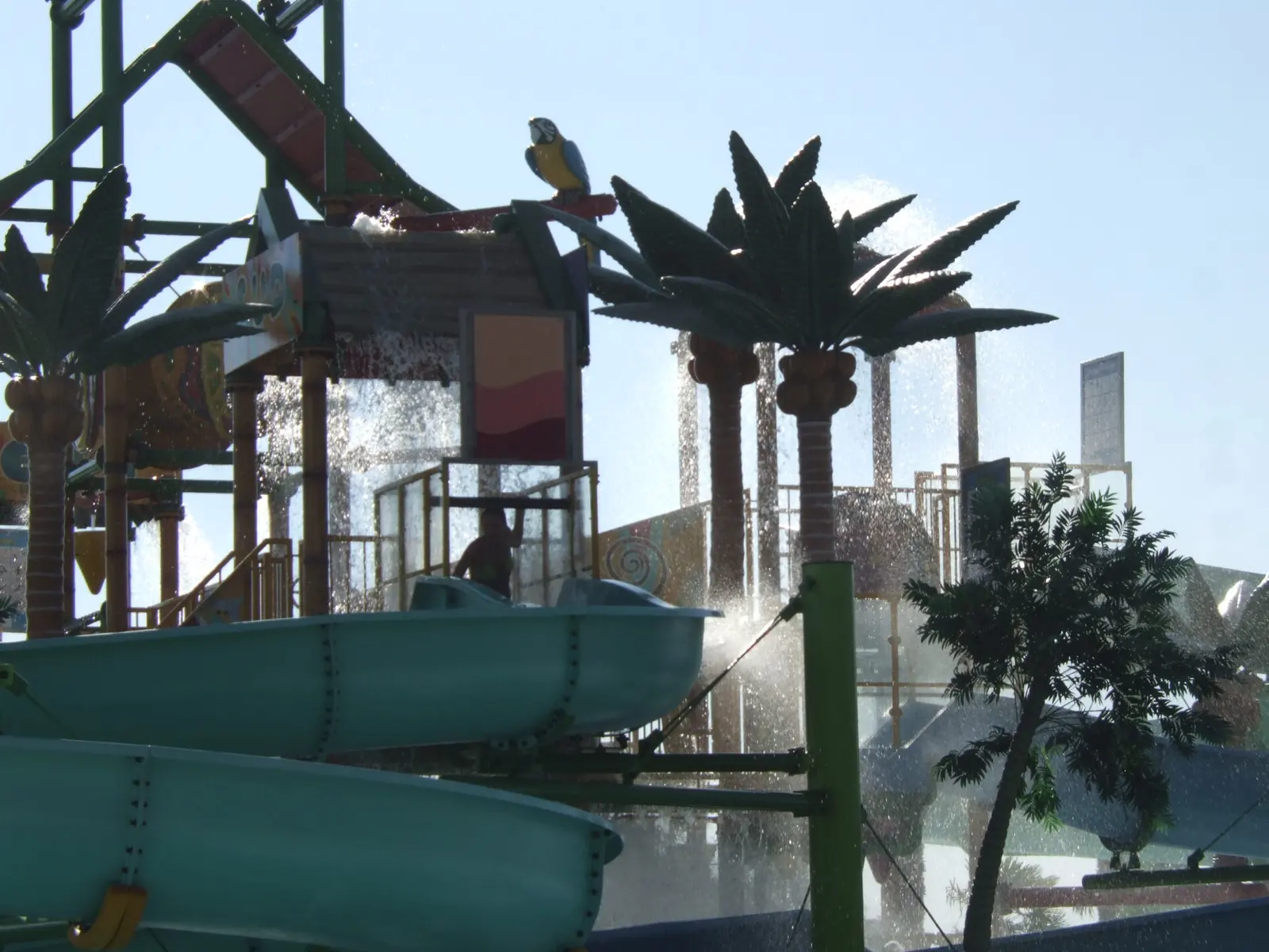 Grüne Rutschen und Holztürme mit künstlichen Palmen im Wasserpark Mirabeach in Mirabilandia
