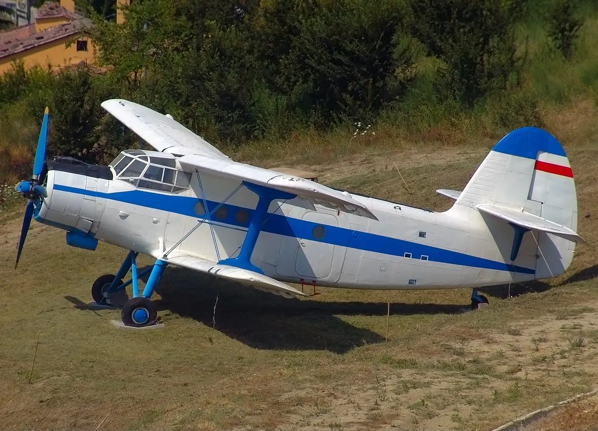 A white and blue Antonov An-2 biplane parked on grass, with vegetation behind