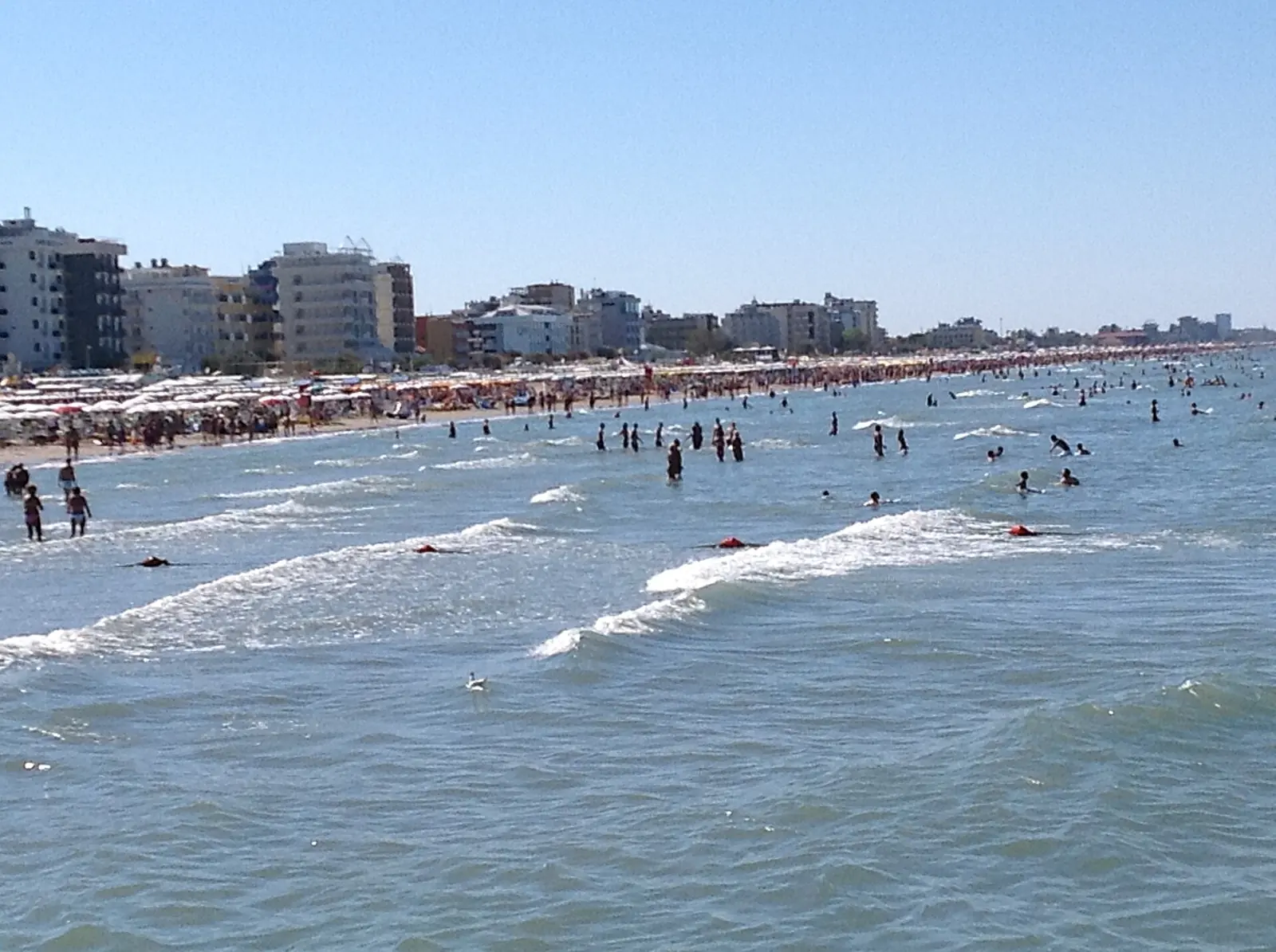 Badegäste in den Wellen vor dem Strand von Riccione mit der Hotelreihe im Hintergrund