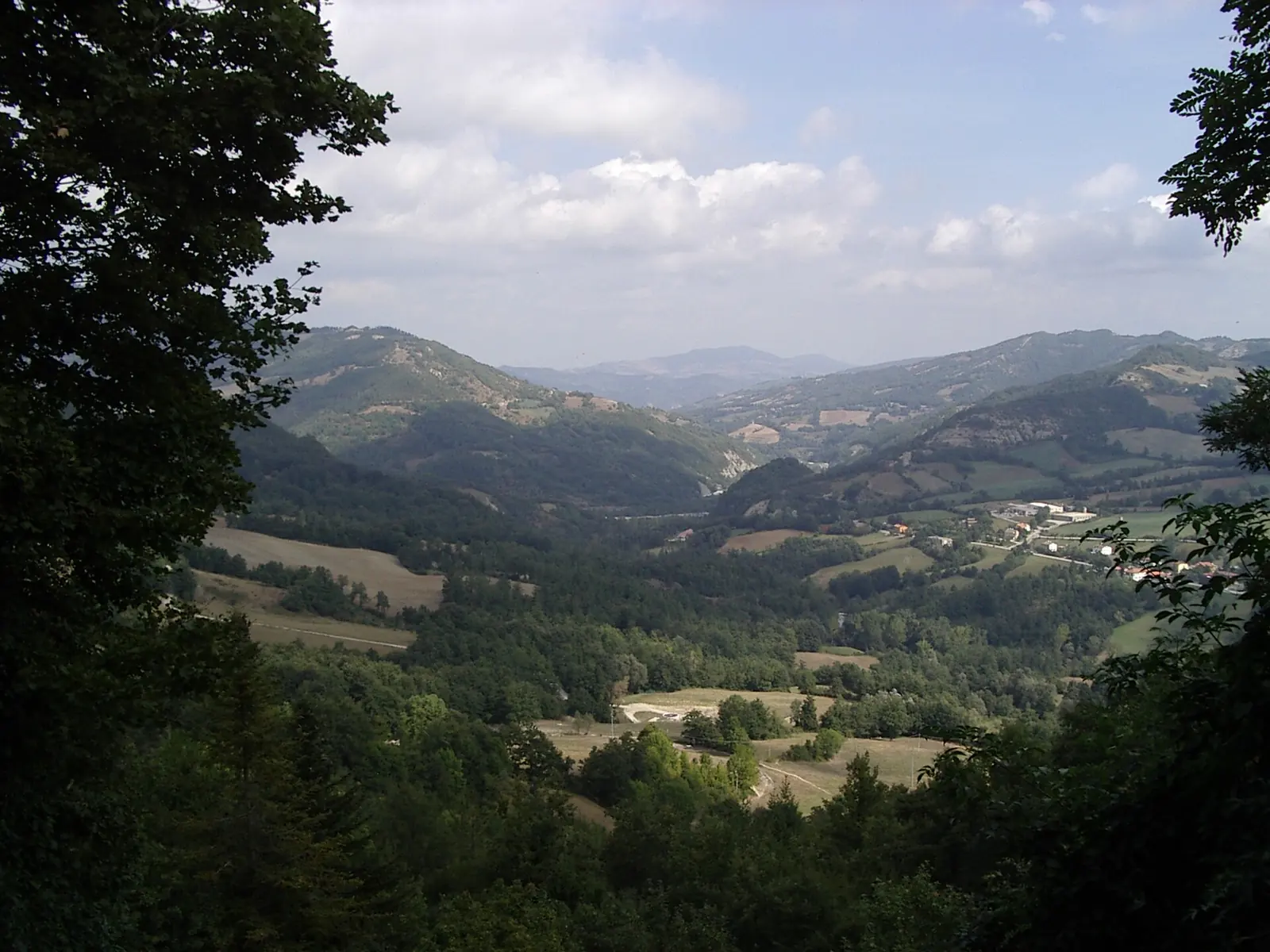 Una valle della Valmarecchia vista tra gli alberi, con i prati, le colline boscose e il cielo nuvoloso