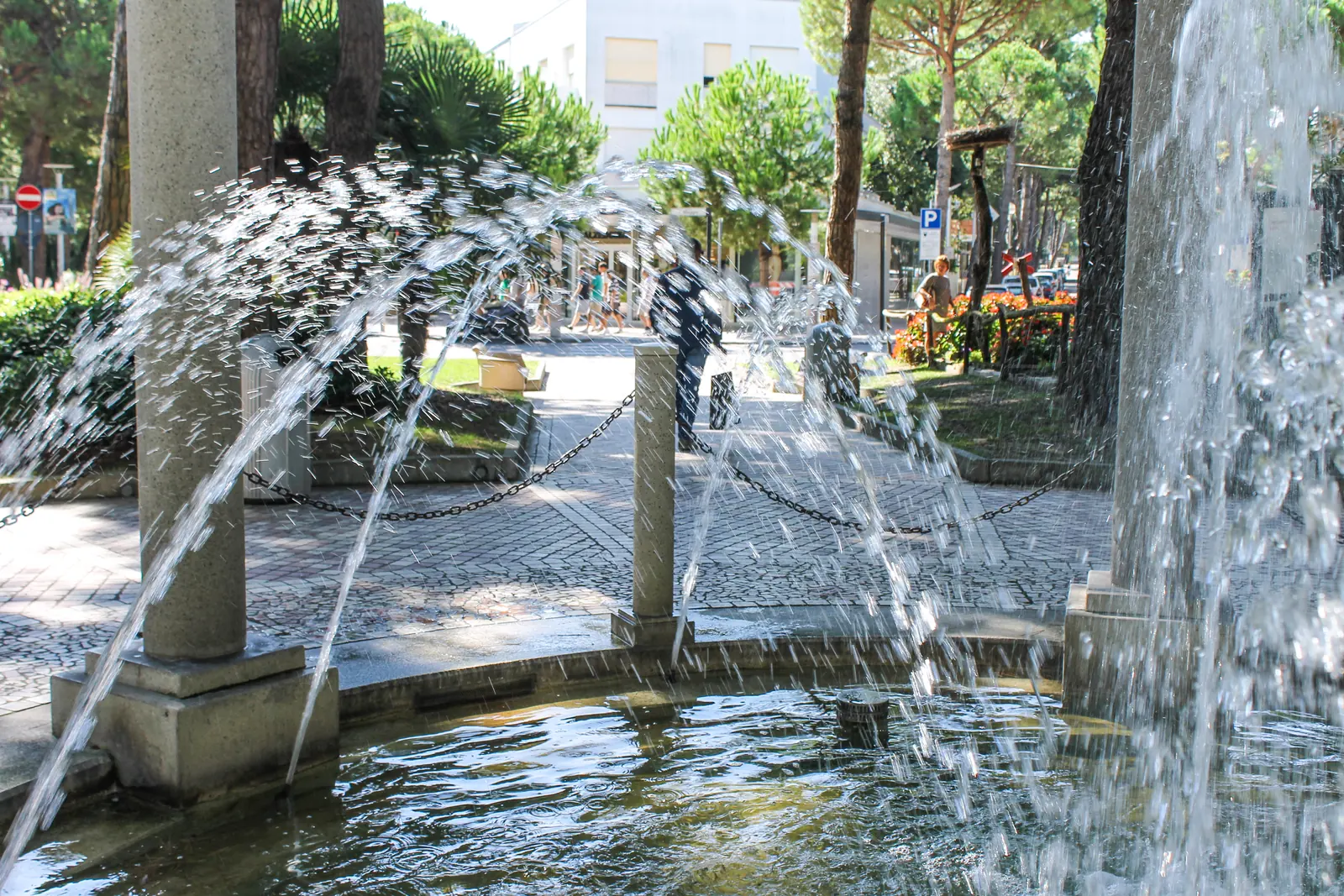 I getti d'acqua della fontana della rotonda Primo Maggio a Milano Marittima, fra i pini