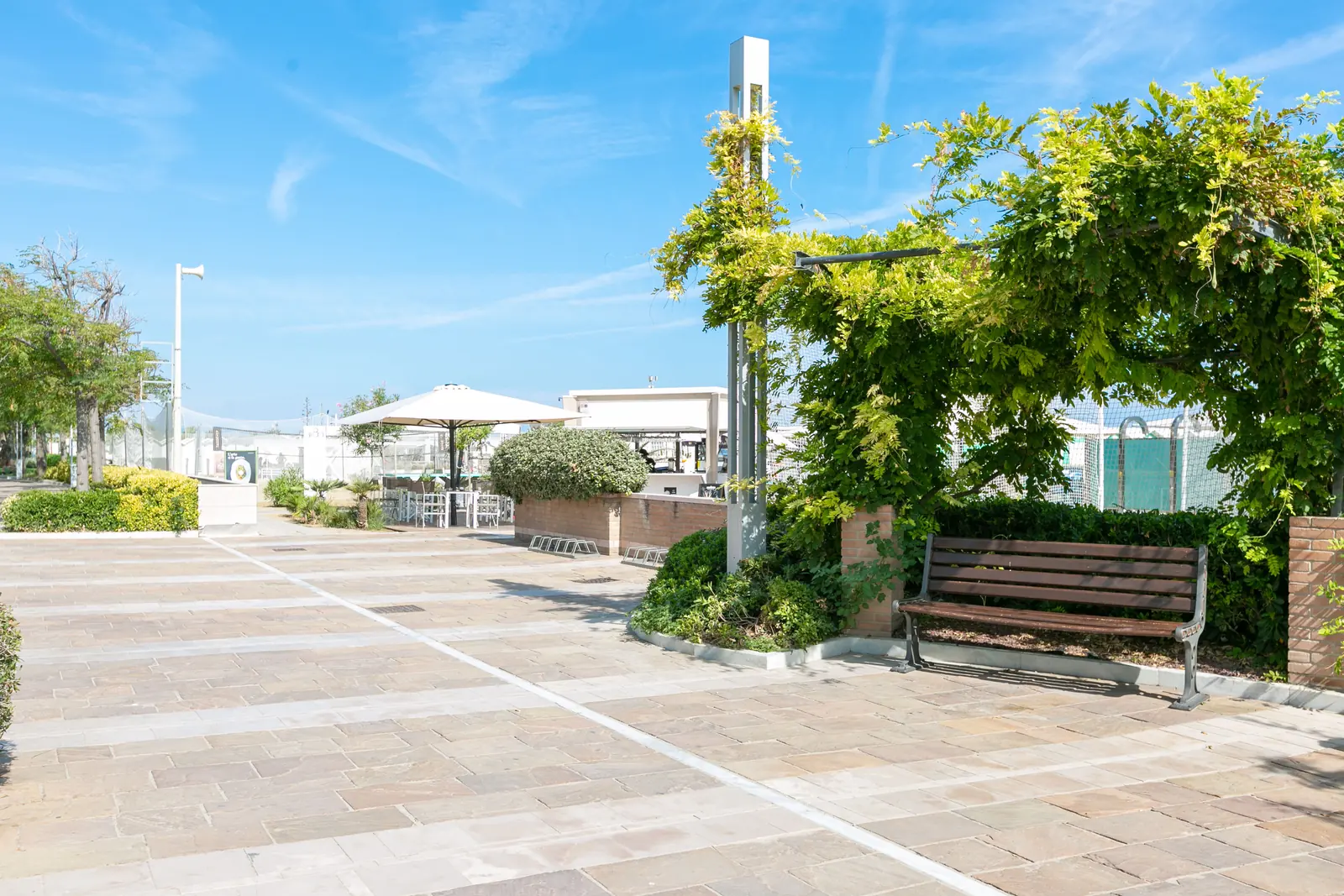 Un pergolato coperto di rampicanti con una panchina di legno sul lungomare pedonale di Riccione
