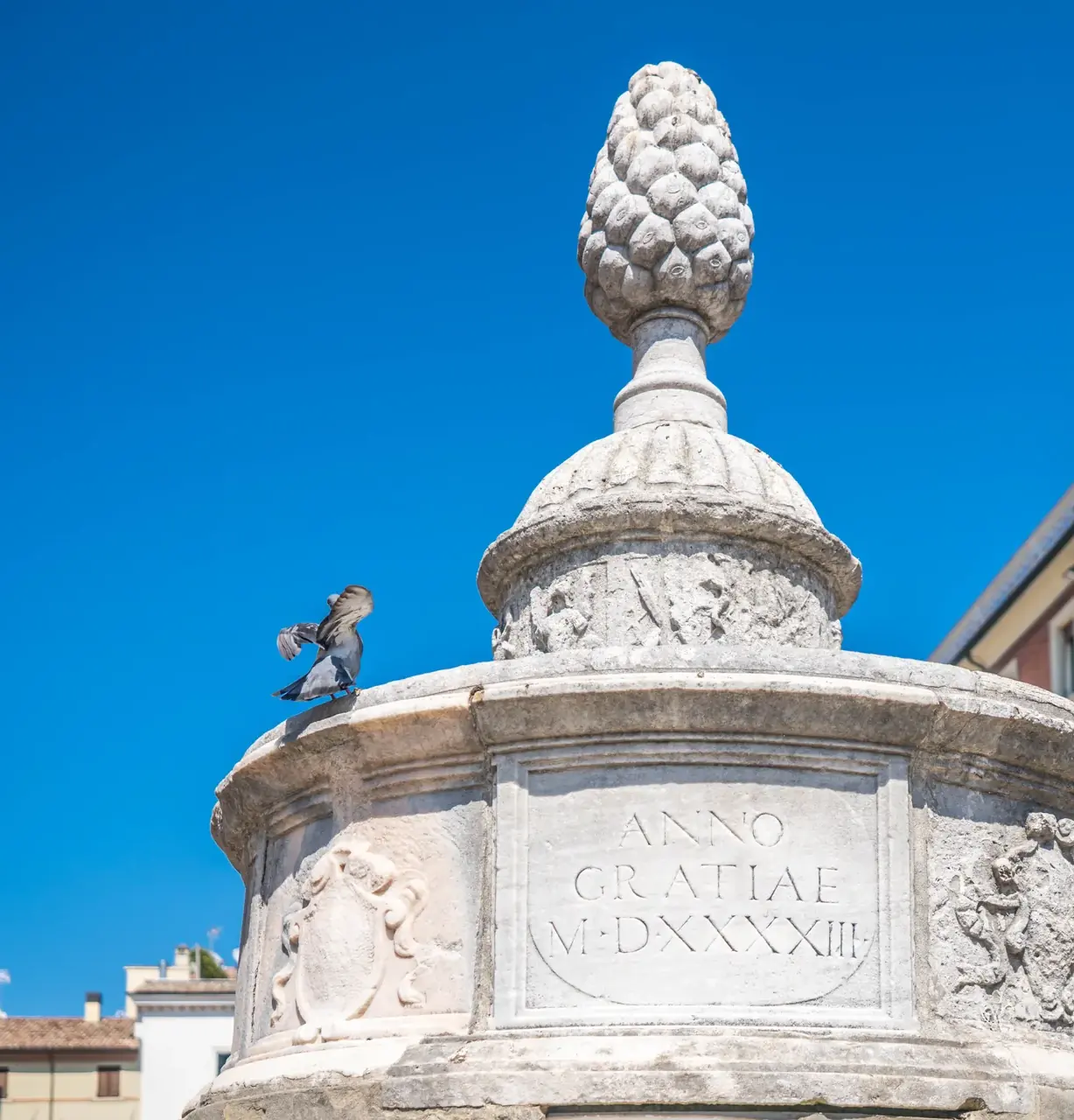 La pigna in marmo in cima alla fontana di piazza Cavour, con l'iscrizione «Anno gratiae» sulla vasca superiore